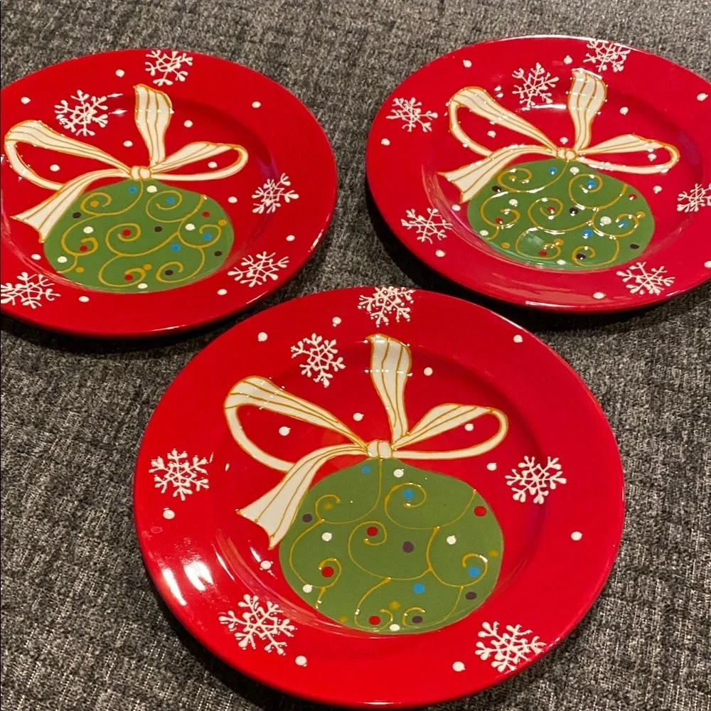 Pier 1 Festive Red and Green Holiday Plates “Decorations”. Ceramic. Set of 3.